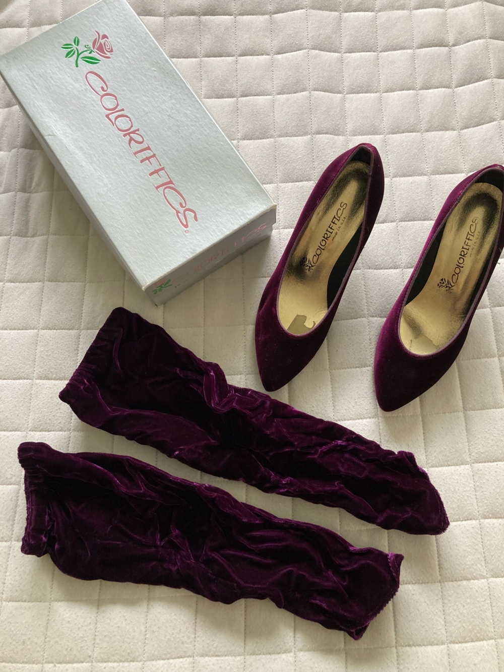 Women's Velvet Pointed-Toe Heels in Deep Plum & Matching Gauntlet Sleeves